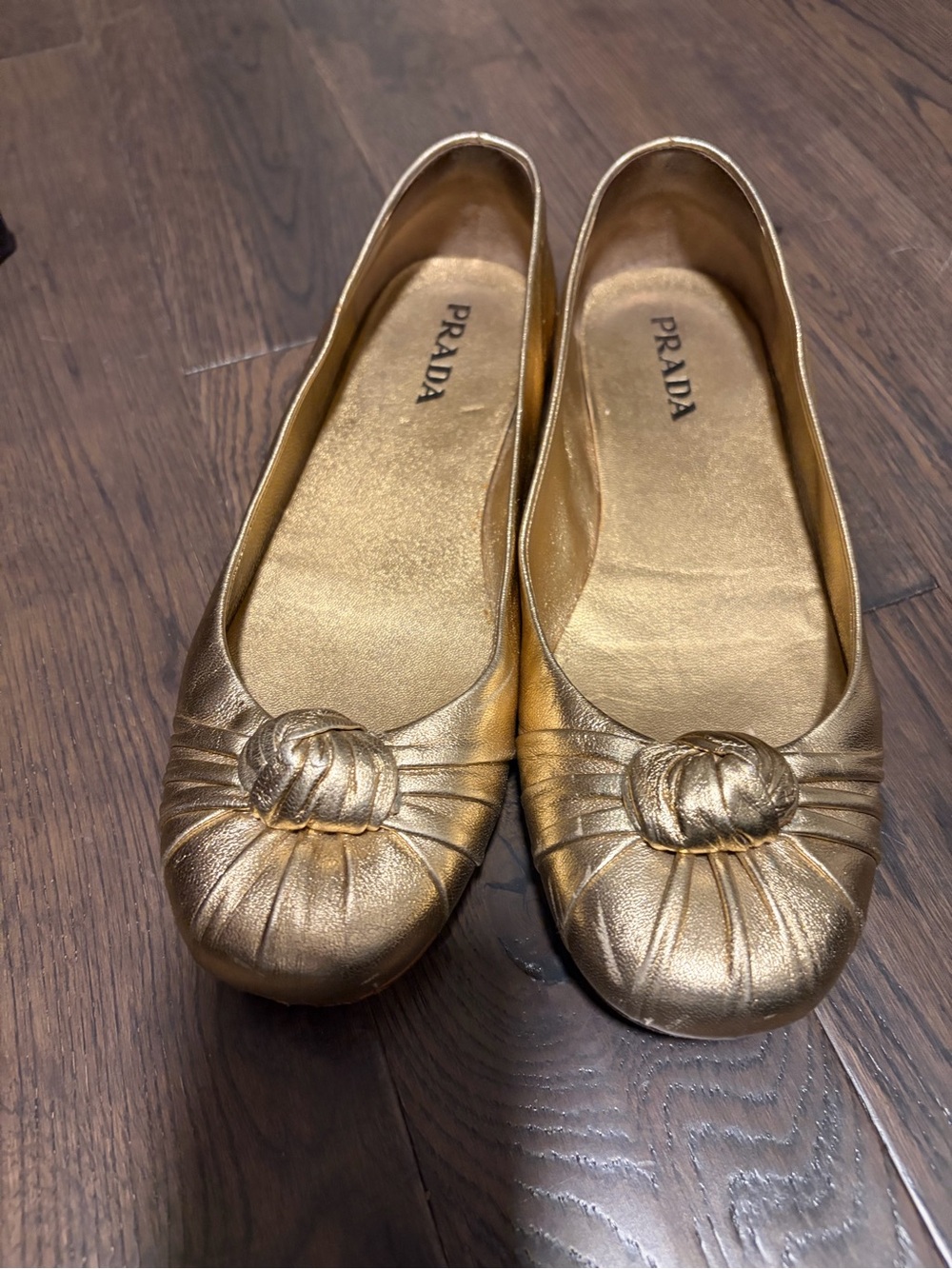 Prada Napa Knot Platino Gold Leather Knot-Front Ballet Flats